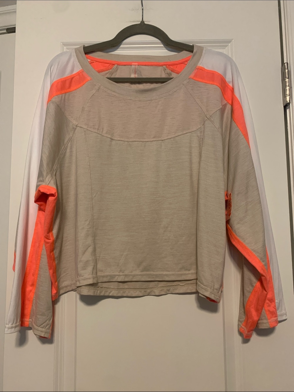 Free People Beige and Neon Orange Colorblock Long Sleeve Tee, Sz S, NWT